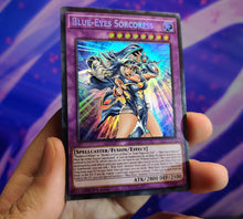 Load image into Gallery viewer, Blue Eyes Sorcerer Blue Eyes Dark Magician Girl Fusion Custom Orica card
